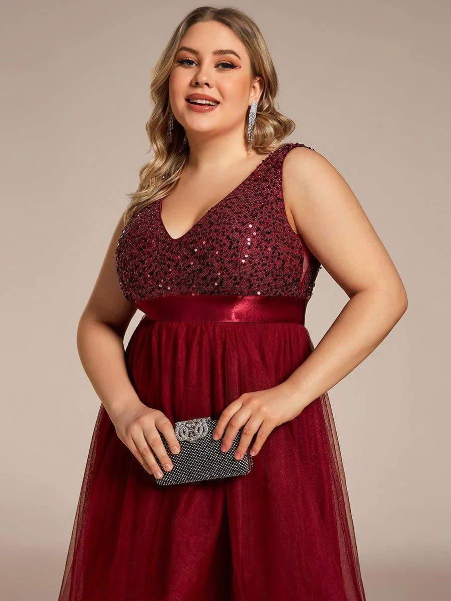 Abia | Plus Size Sleeveless Sequin Ribbon Waist Tulle High Low Evening Dress