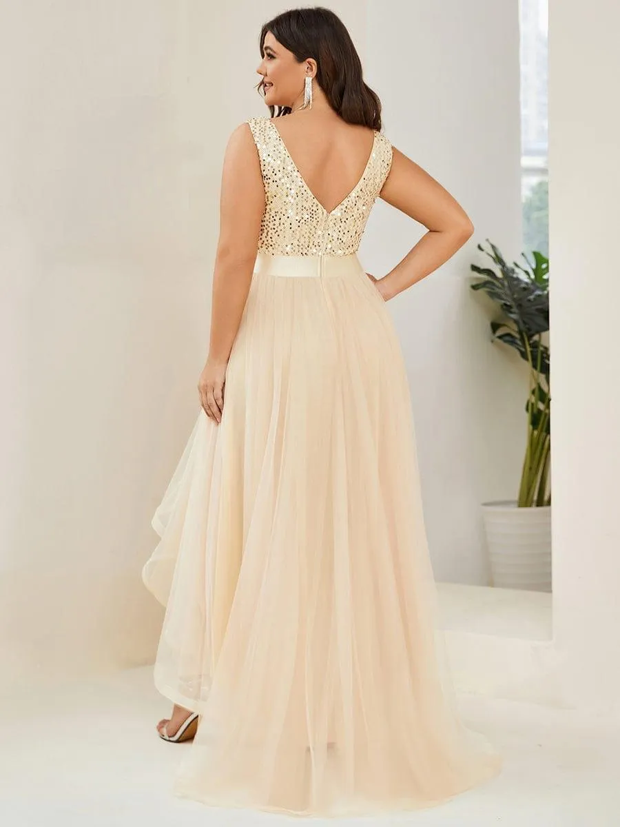 Abia | Plus Size Sleeveless Sequin Ribbon Waist Tulle High Low Evening Dress