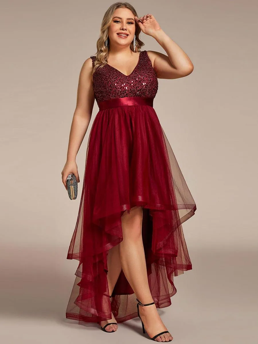 Abia | Plus Size Sleeveless Sequin Ribbon Waist Tulle High Low Evening Dress