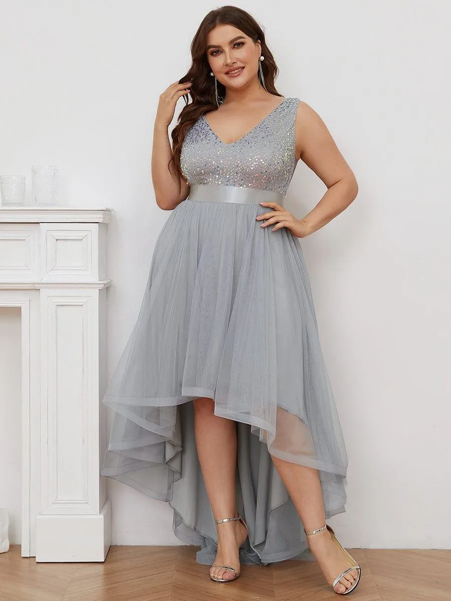 Abia | Plus Size Sleeveless Sequin Ribbon Waist Tulle High Low Evening Dress