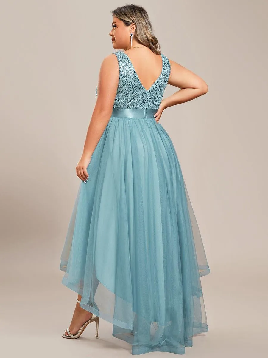 Abia | Plus Size Sleeveless Sequin Ribbon Waist Tulle High Low Evening Dress