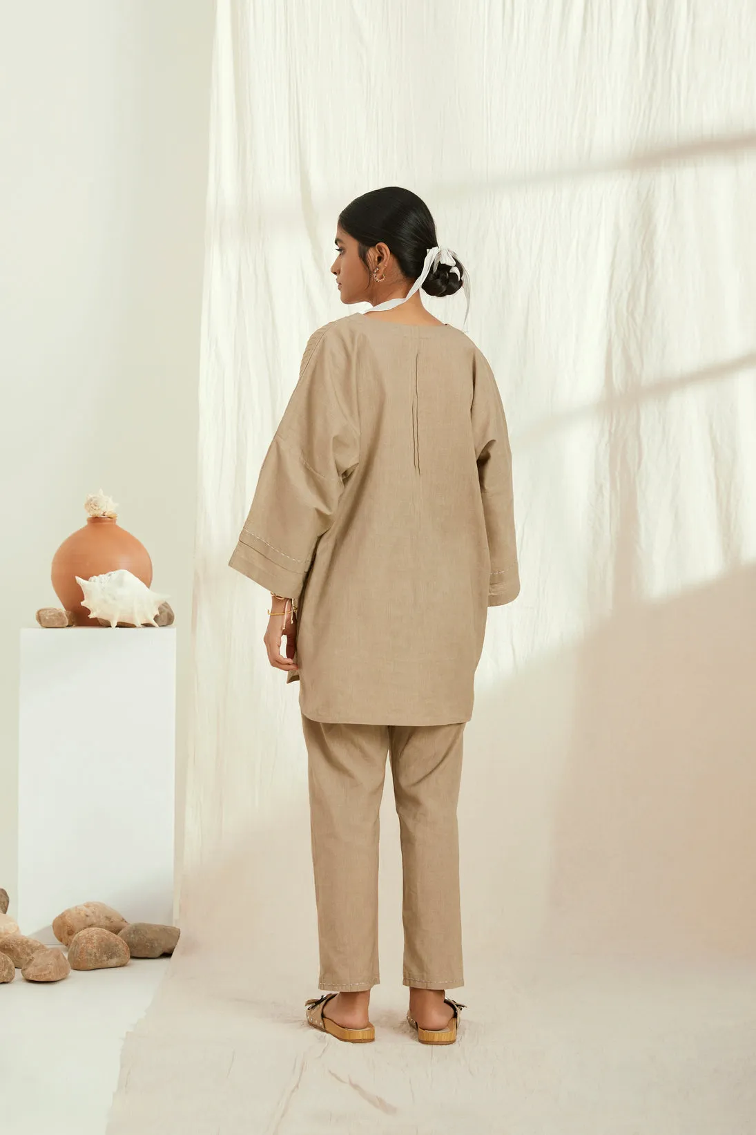 Beige linen short kurta set