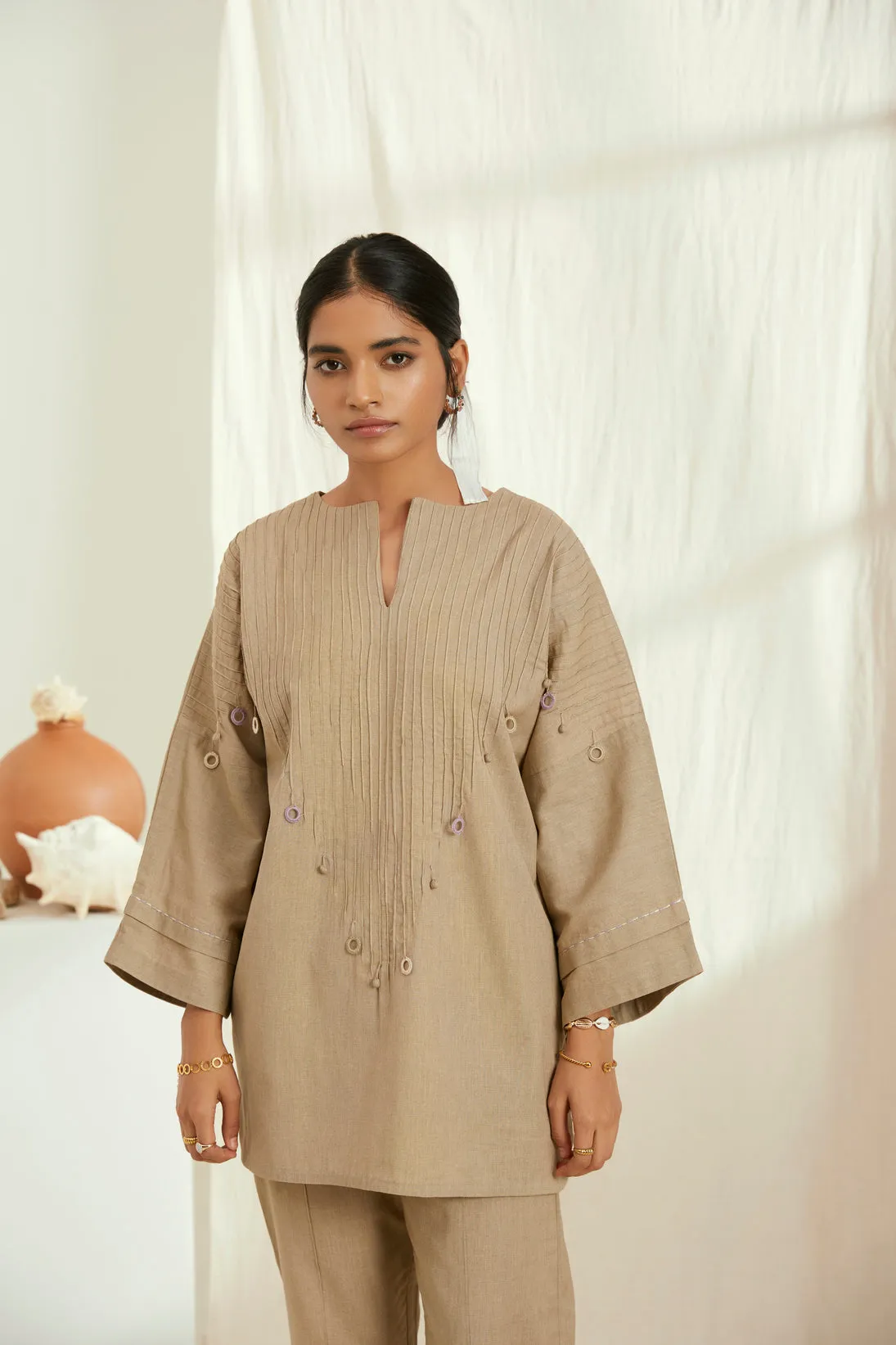 Beige linen short kurta set