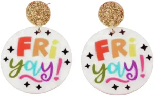 Colorful Fri-Yay Statement Earrings, Rainbow Text Design, Gold Glitter Studs, Double Circle Drop