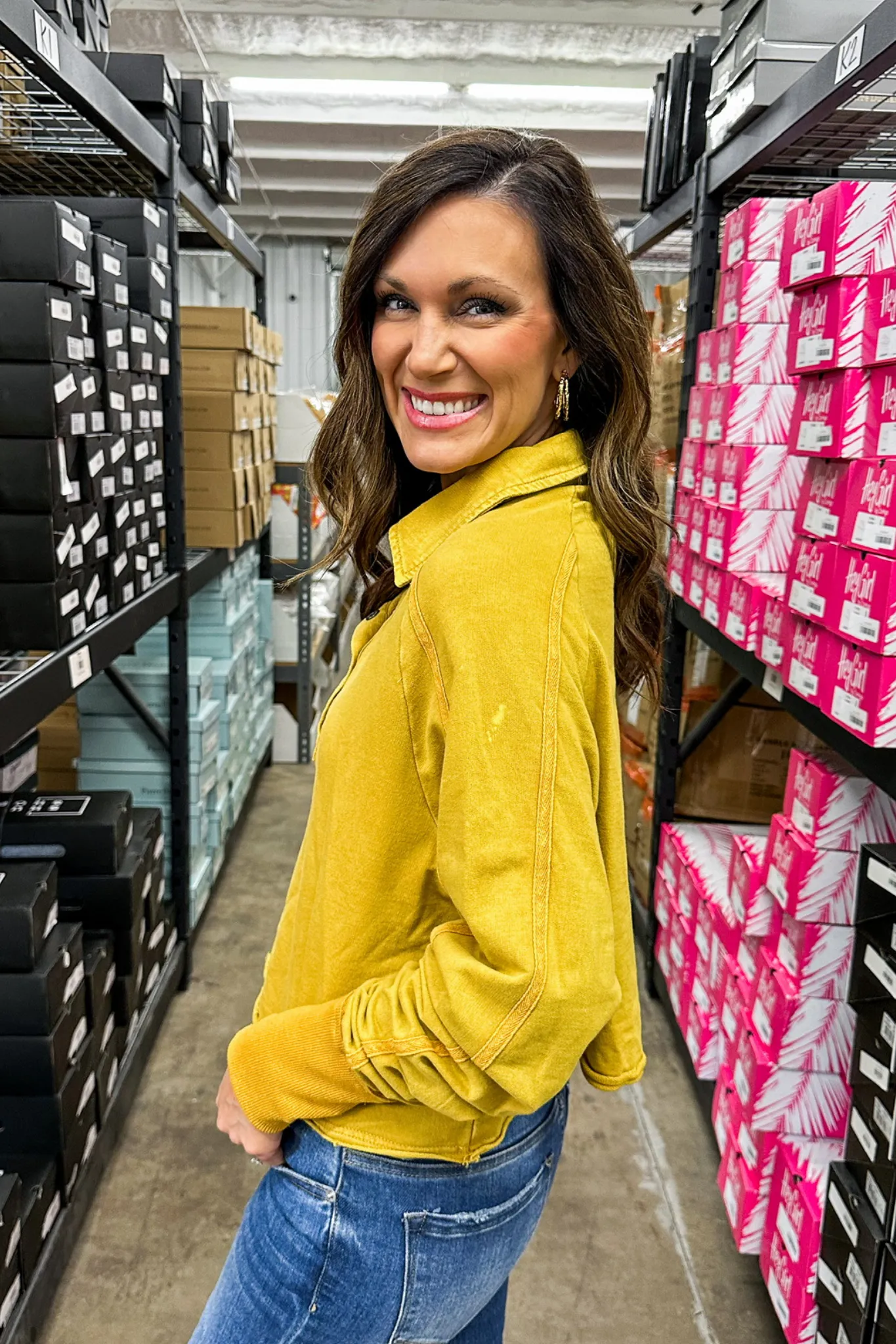 Cropped Acid Wash Button Up Top in Mustard