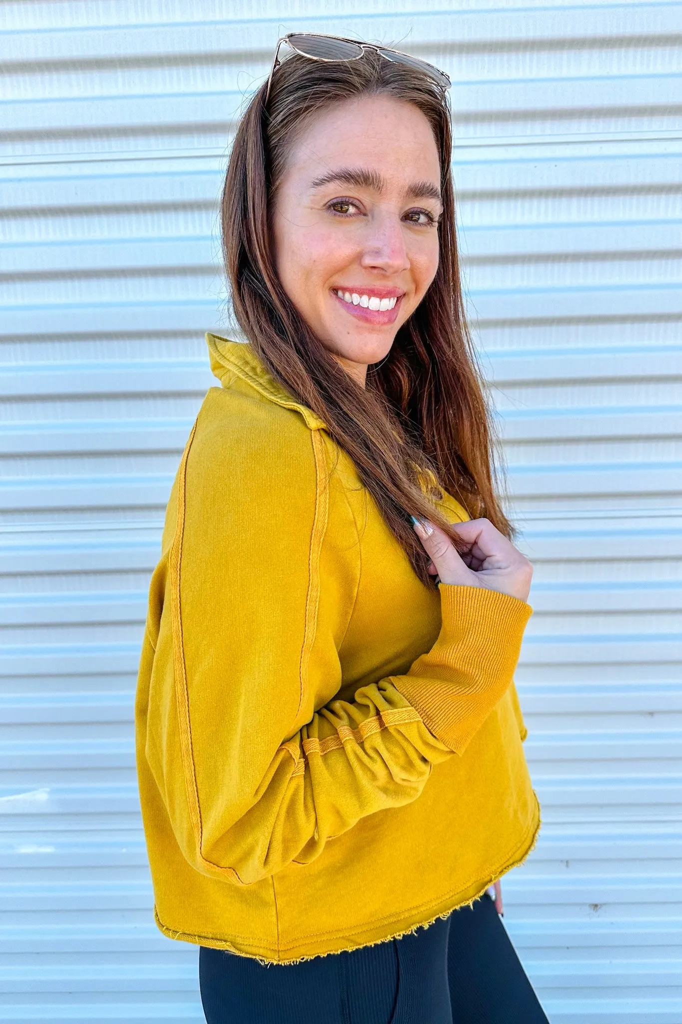 Cropped Acid Wash Button Up Top in Mustard