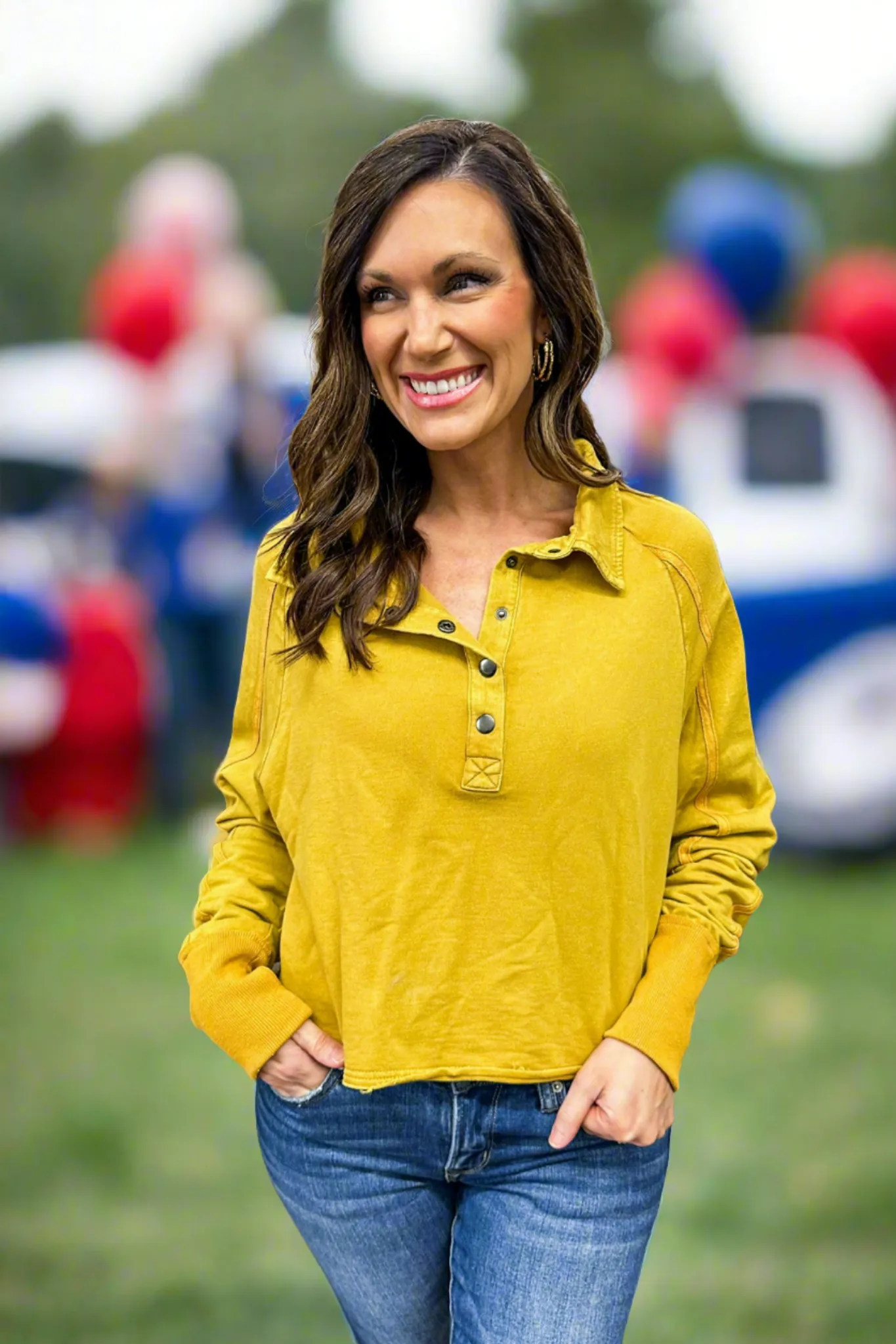 Cropped Acid Wash Button Up Top in Mustard
