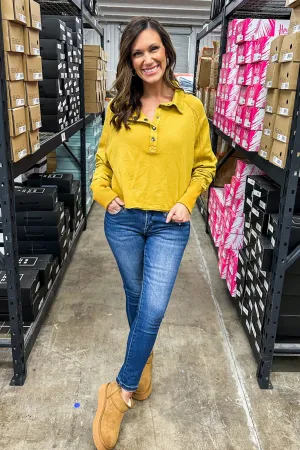 Cropped Acid Wash Button Up Top in Mustard