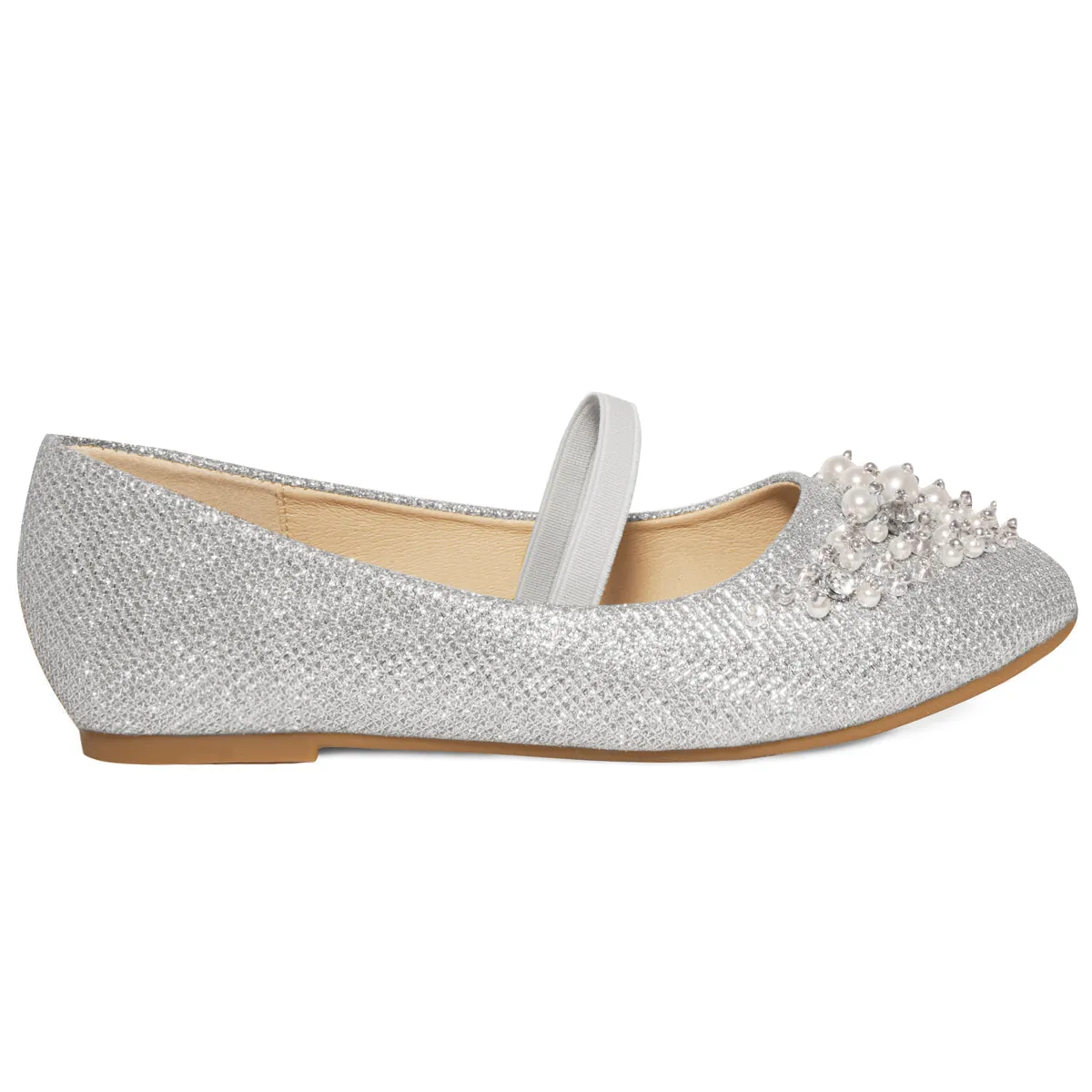 DAHLIA KIDS PEARL & DIAMANTE EMBELLISHED FLATFORM SHOES IN SILVER