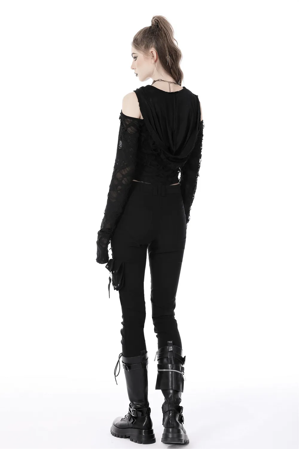 Edgy Women's Ripped Mesh Hood Crop Top - Dark Alt Fashion