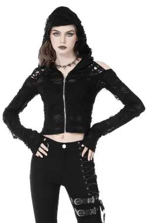 Edgy Women's Ripped Mesh Hood Crop Top - Dark Alt Fashion