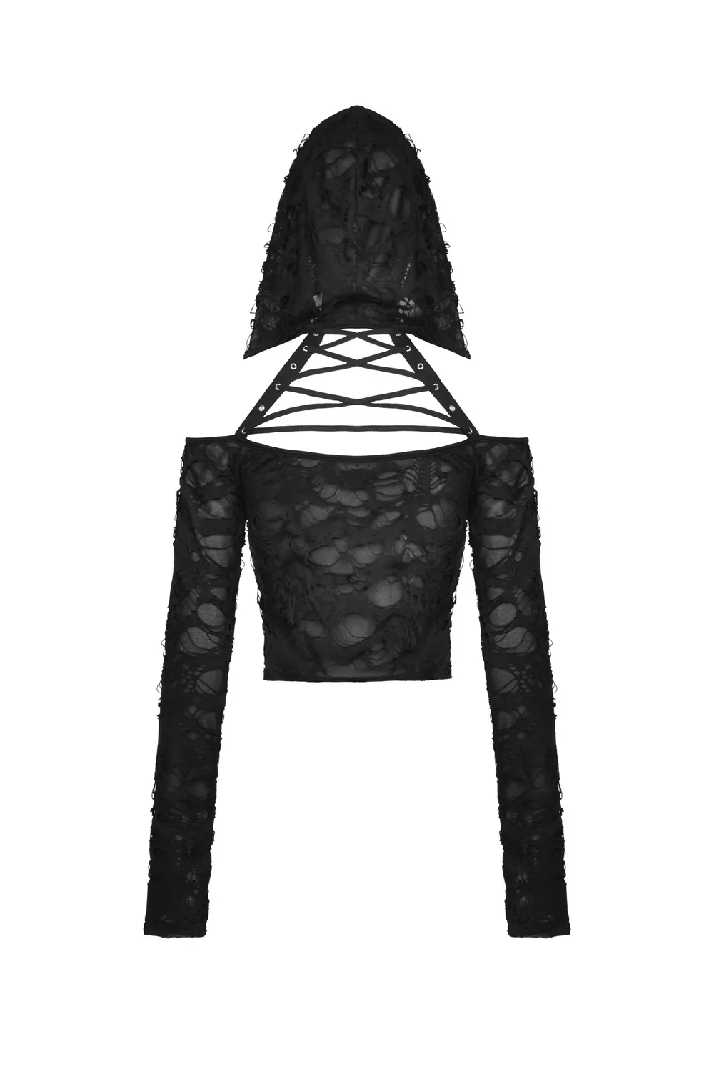 Edgy Women's Ripped Mesh Hood Crop Top - Dark Alt Fashion