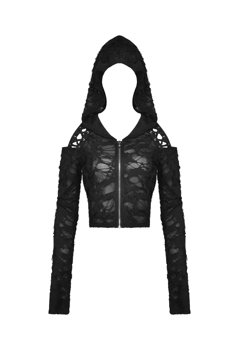 Edgy Women's Ripped Mesh Hood Crop Top - Dark Alt Fashion