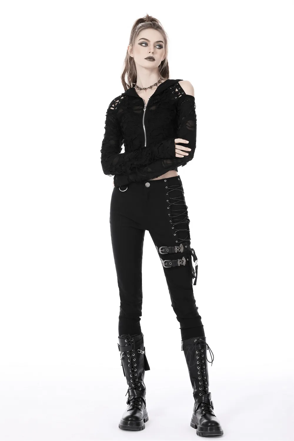 Edgy Women's Ripped Mesh Hood Crop Top - Dark Alt Fashion
