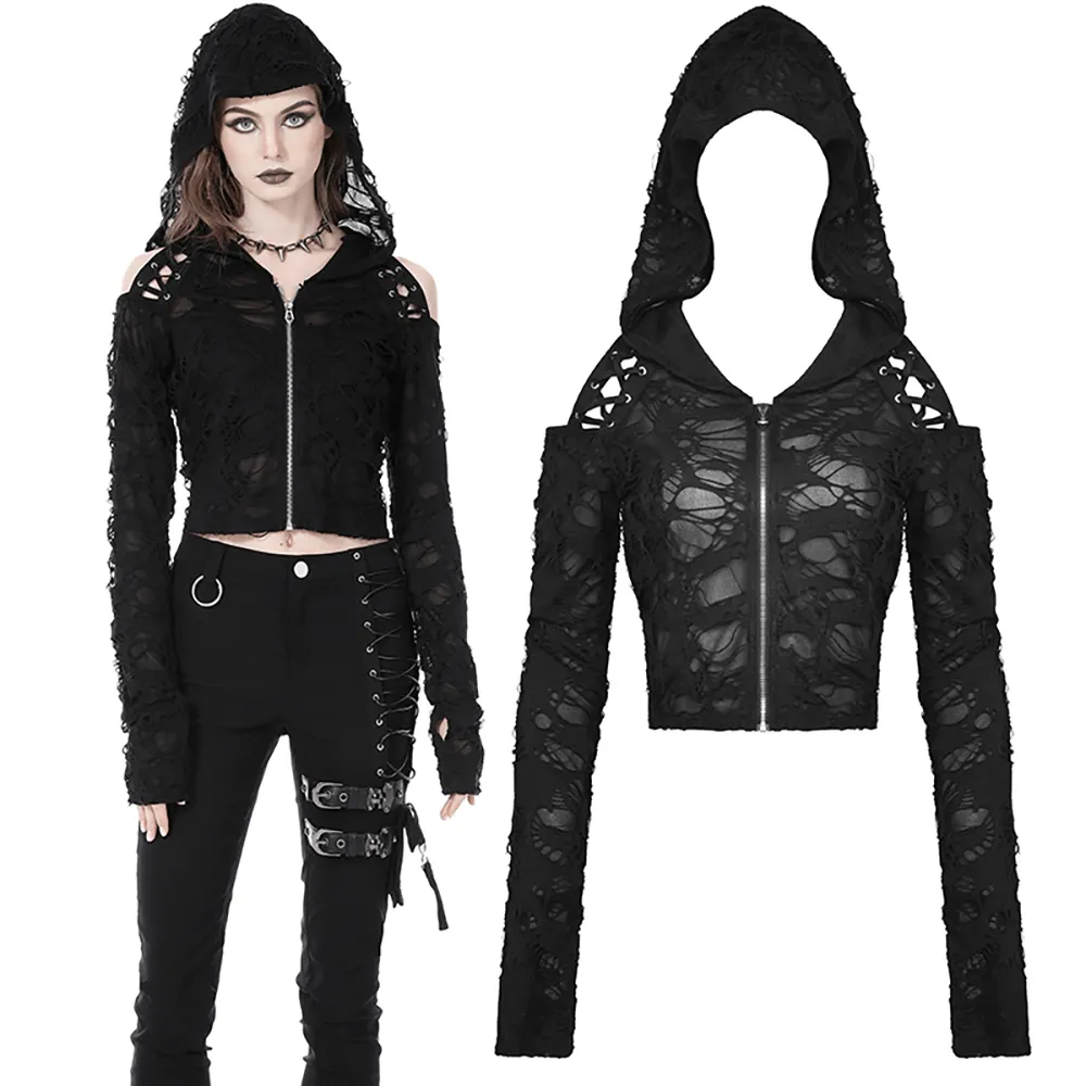 Edgy Women's Ripped Mesh Hood Crop Top - Dark Alt Fashion