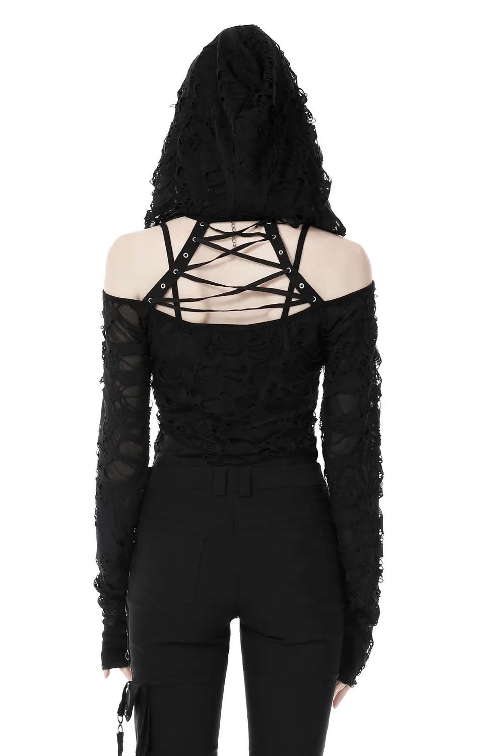 Edgy Women's Ripped Mesh Hood Crop Top - Dark Alt Fashion