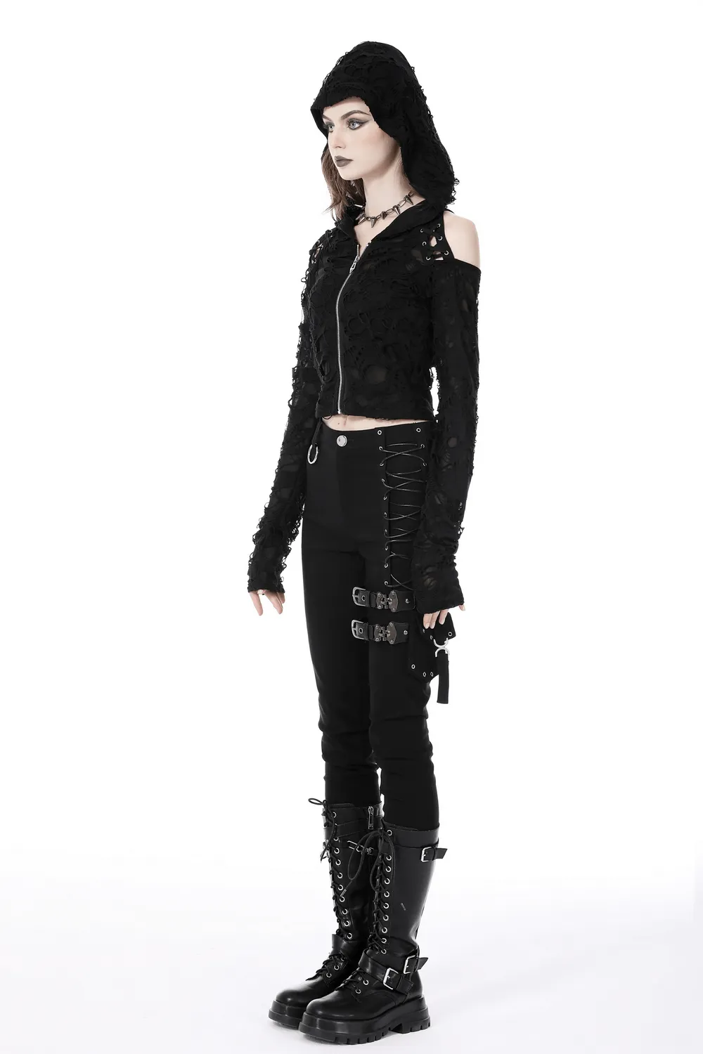 Edgy Women's Ripped Mesh Hood Crop Top - Dark Alt Fashion