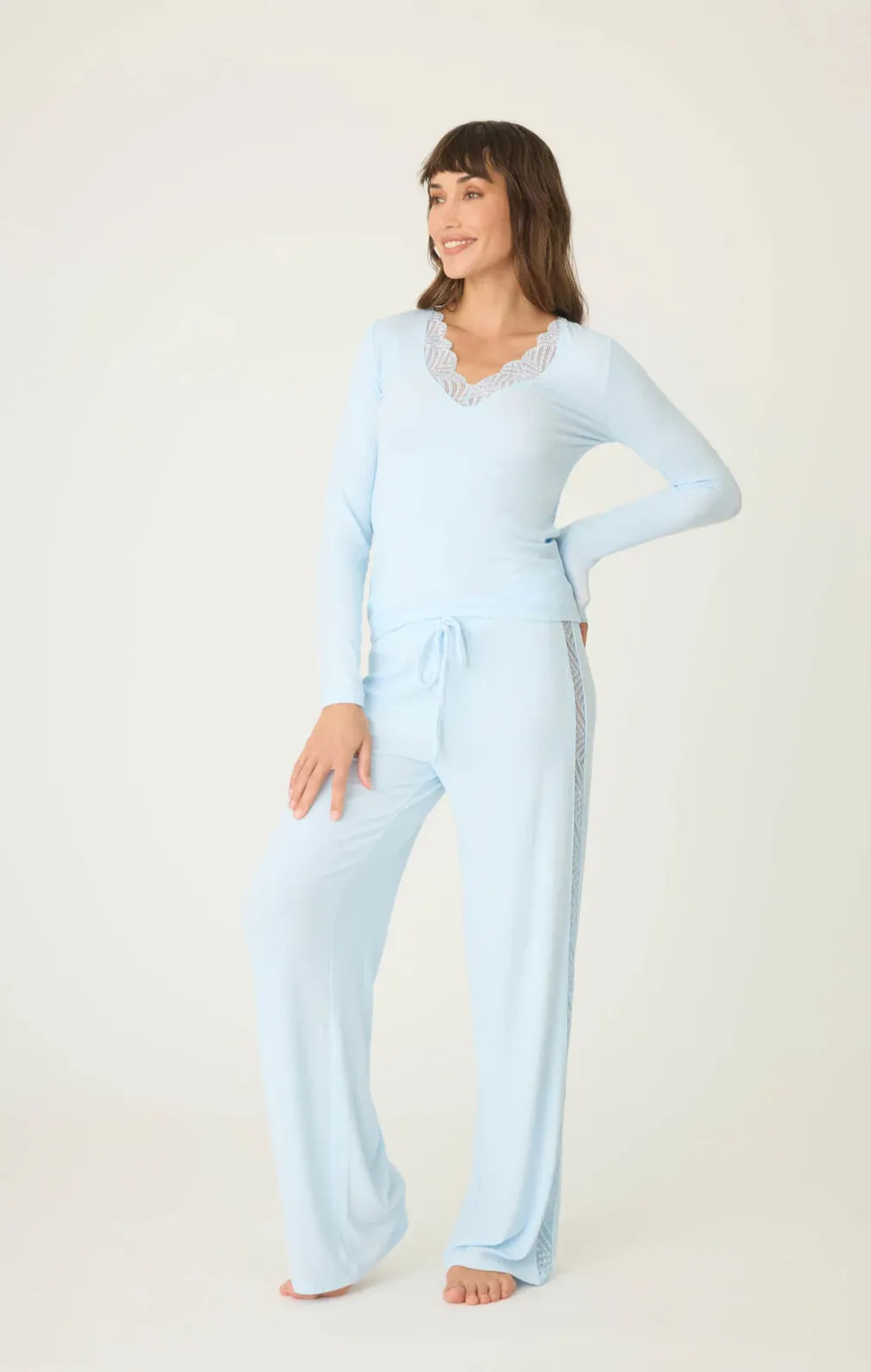 Lacey Basics V-Neck Long Sleeve Top in Pale Blue