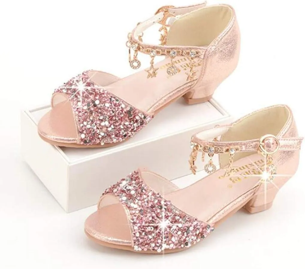 LFHT Little Kids Girls Sandals Glitter Rhinestone Dress Pumps Sequins Princess Low Heels Party Dance Shoes
