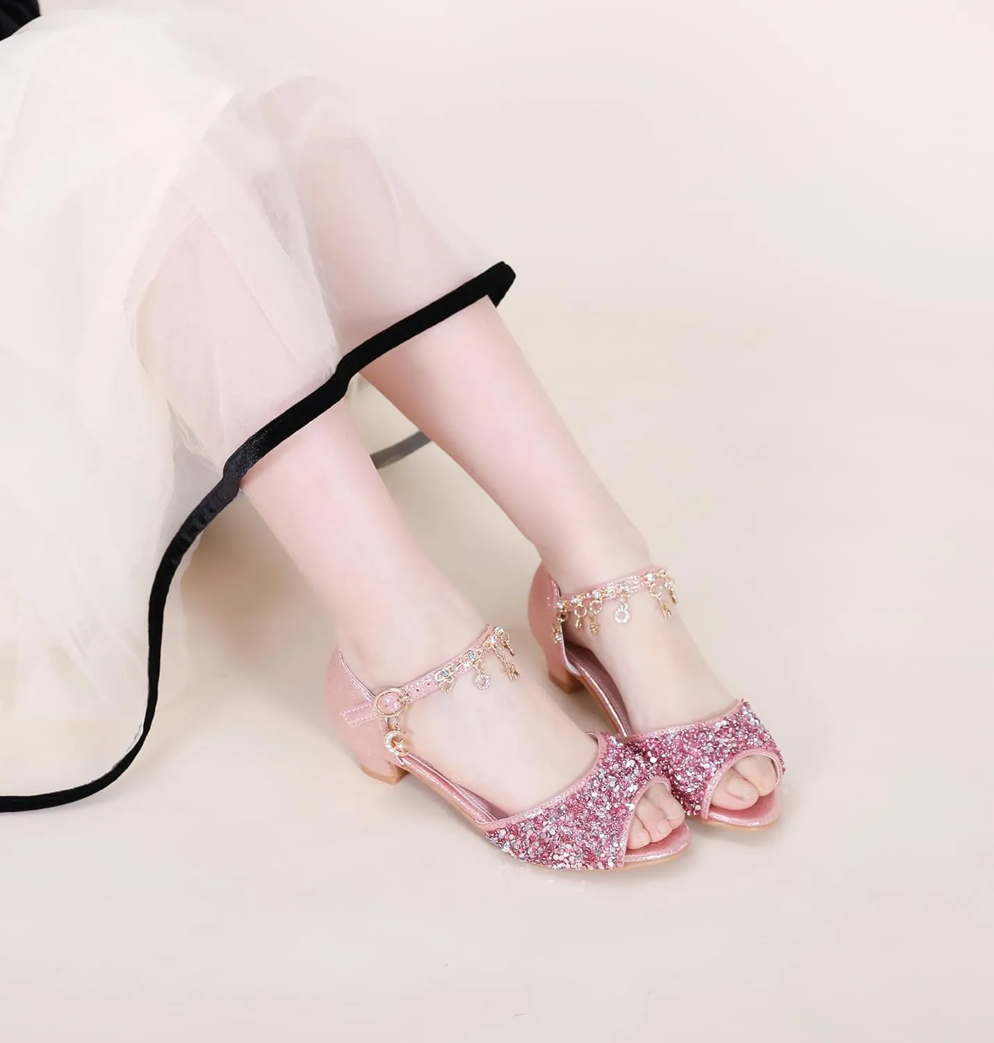 LFHT Little Kids Girls Sandals Glitter Rhinestone Dress Pumps Sequins Princess Low Heels Party Dance Shoes