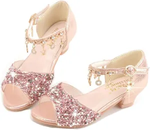 LFHT Little Kids Girls Sandals Glitter Rhinestone Dress Pumps Sequins Princess Low Heels Party Dance Shoes
