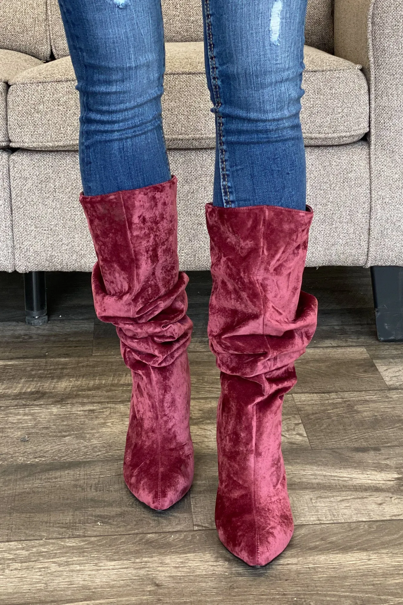 Lottery Boots: Burgundy Velvet