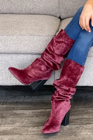 Lottery Boots: Burgundy Velvet