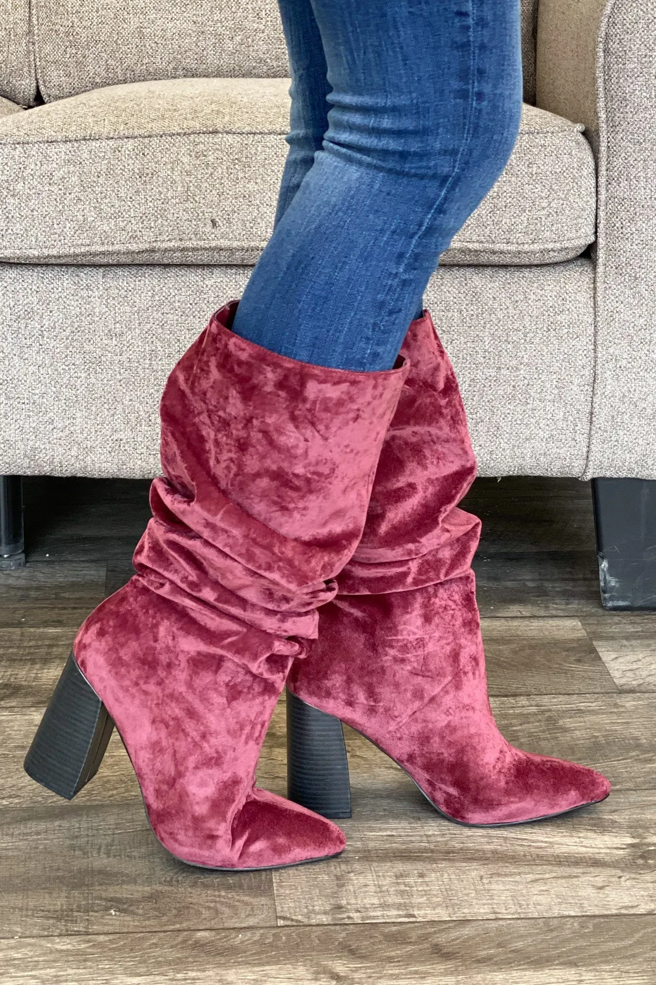 Lottery Boots: Burgundy Velvet