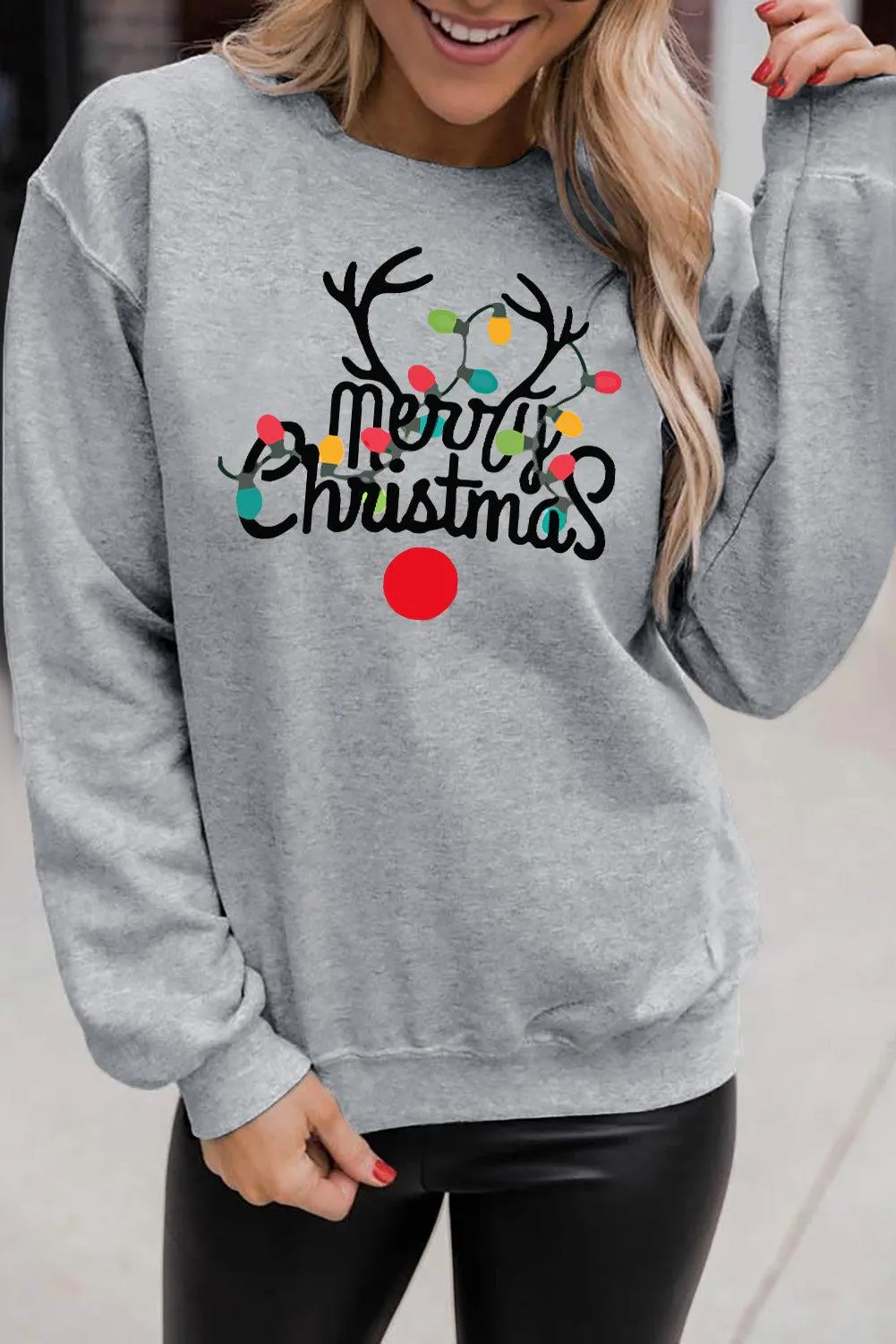 Merry Christmas Graphic Print Long Sleeve Sweatshirt