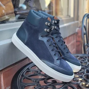 Navy Blue Suede and Leather Foxton Lace Up High Top Sneakers - Summer 2024 Collection