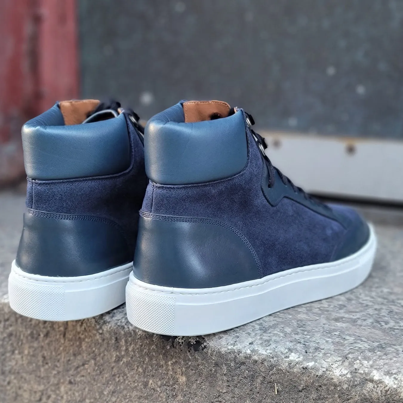 Navy Blue Suede and Leather Foxton Lace Up High Top Sneakers - Summer 2024 Collection