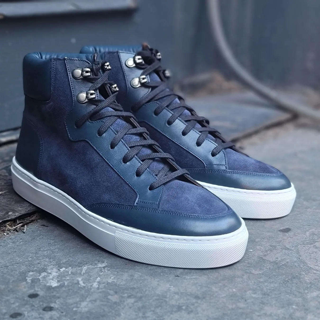 Navy Blue Suede and Leather Foxton Lace Up High Top Sneakers - Summer 2024 Collection