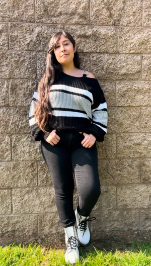 One-Shoulder Color Block Sweater  – Color Block Chain Strap Top