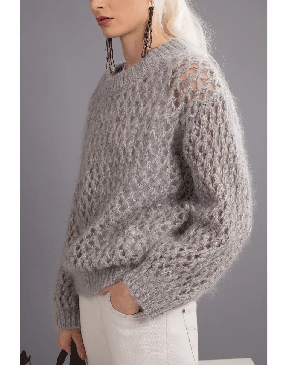 Open Weave Net Mohair Crewneck Sweater