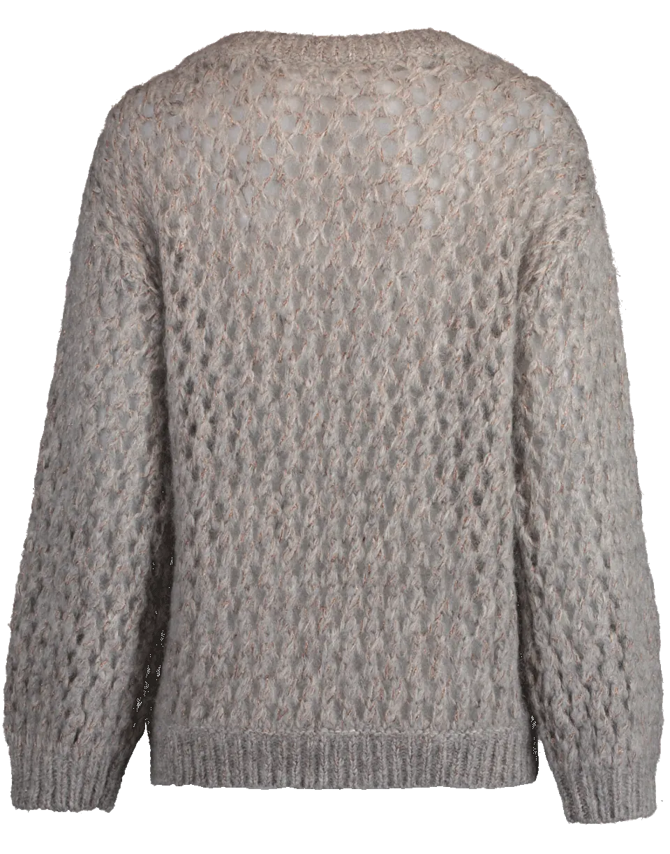 Open Weave Net Mohair Crewneck Sweater