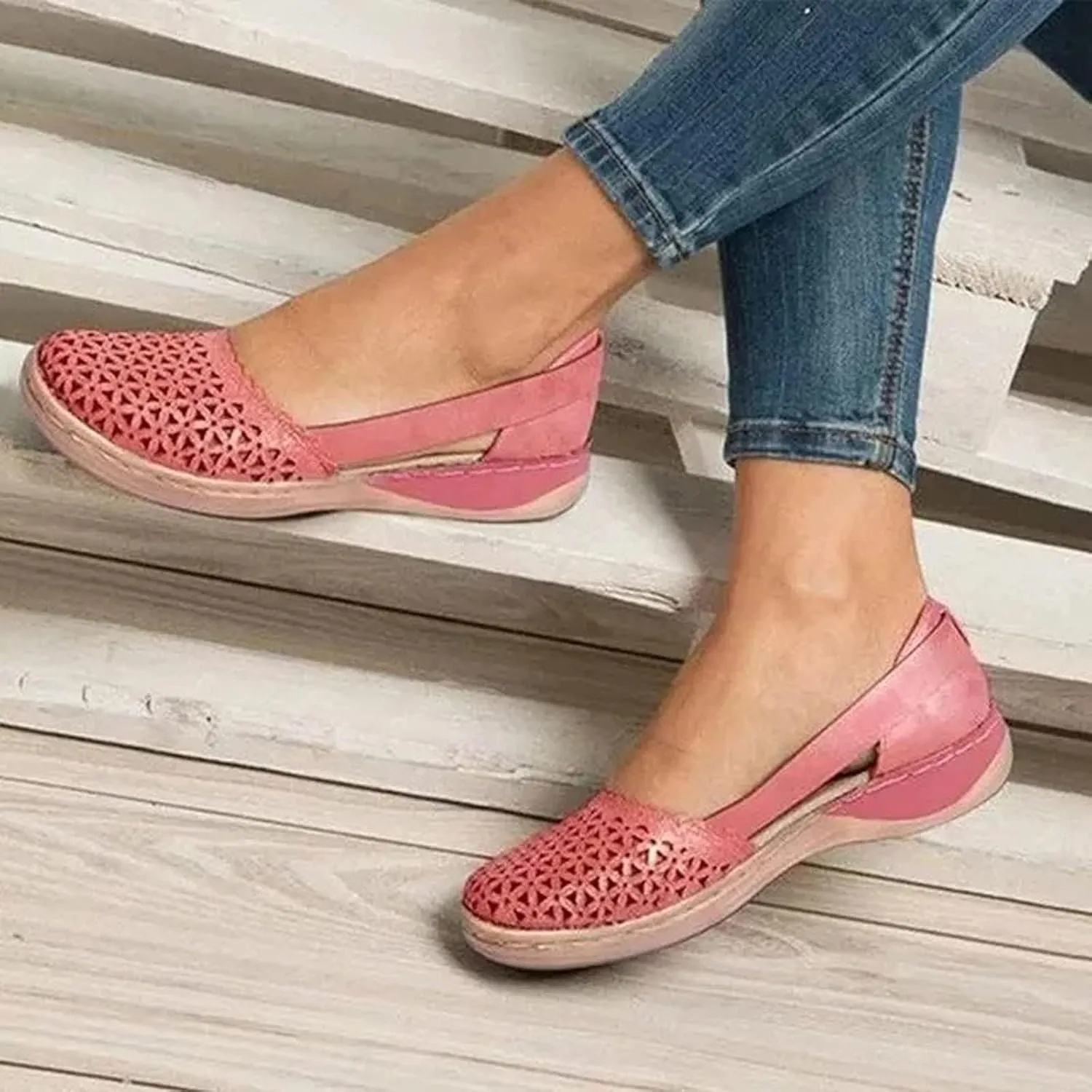 Orthopedic Sandals for Women Breathable Hollow Out Closed Toe Slip On Sandals Summer Casual Round Toe Low Heels Shoes Comfortable Non-Slip Walking Shoes Platform Sandal