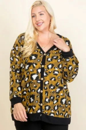 Plus Size Cozy Animal Mir Print Button-Up Cardigan  Mustard