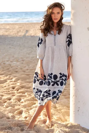Rose & Rose Kerr Charcoal Navy Stripe Linen Midi Dress