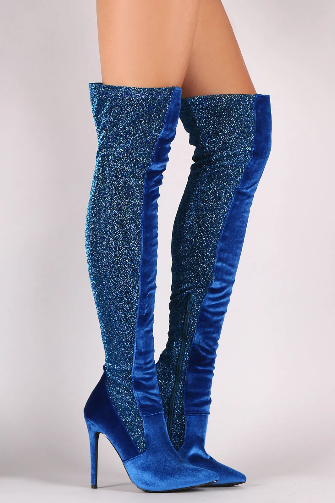Shoe Republic LA Foil Metallic Panel Velvet Stiletto OTK Boots