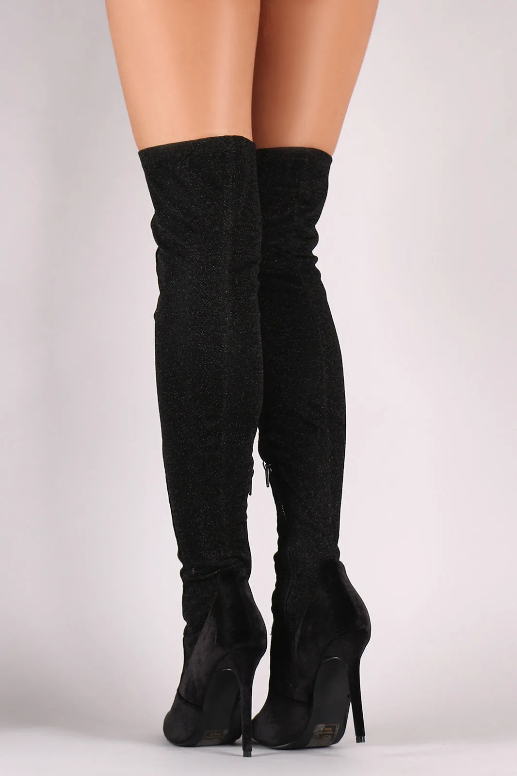 Shoe Republic LA Foil Metallic Panel Velvet Stiletto OTK Boots