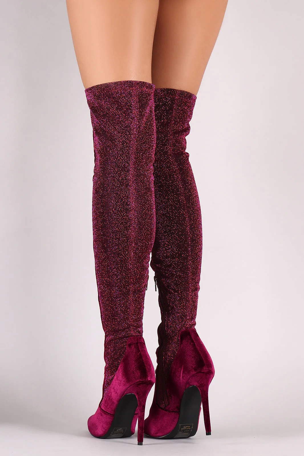 Shoe Republic LA Foil Metallic Panel Velvet Stiletto OTK Boots