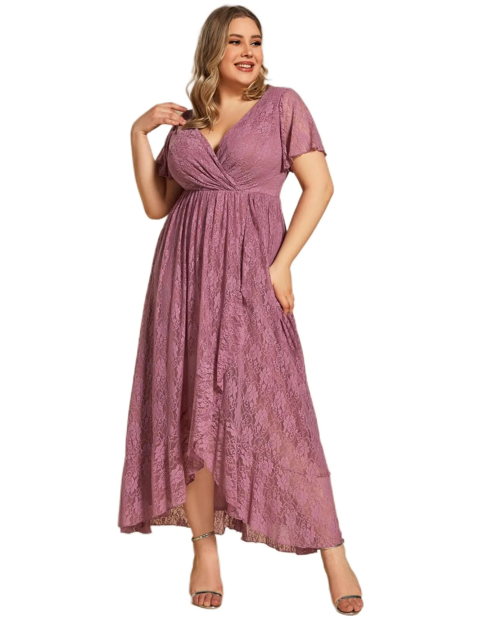 Short Sleeve Ruffled V-Neck A-Line Lace Evening Dress | Purple Orchid