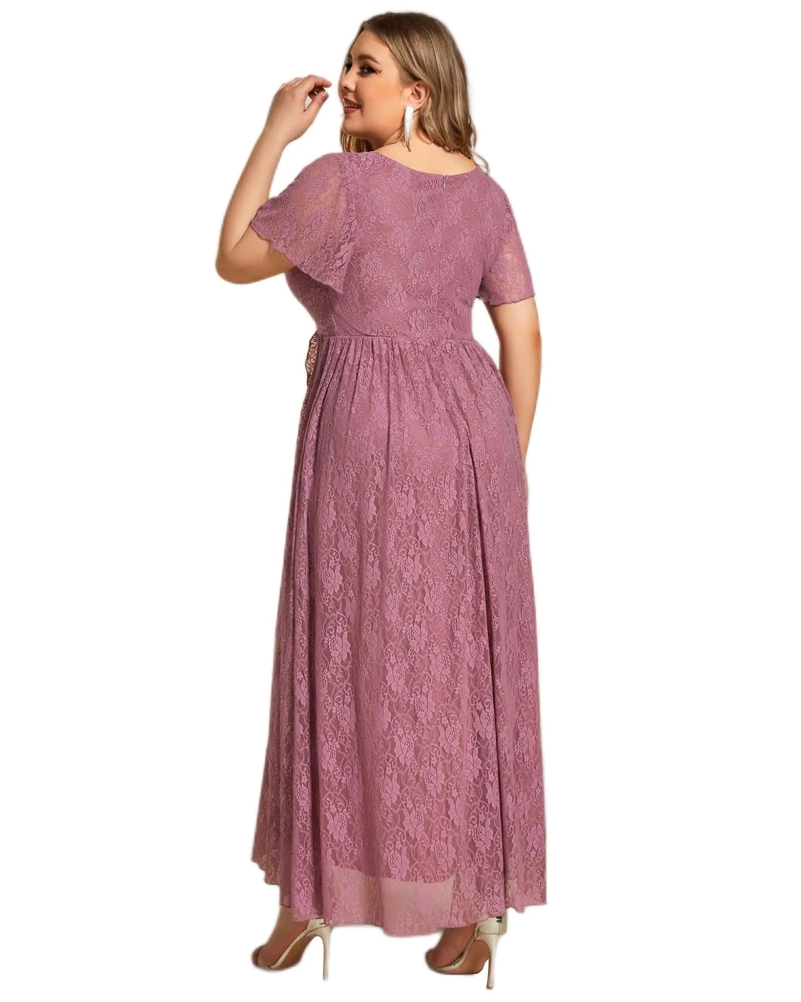 Short Sleeve Ruffled V-Neck A-Line Lace Evening Dress | Purple Orchid