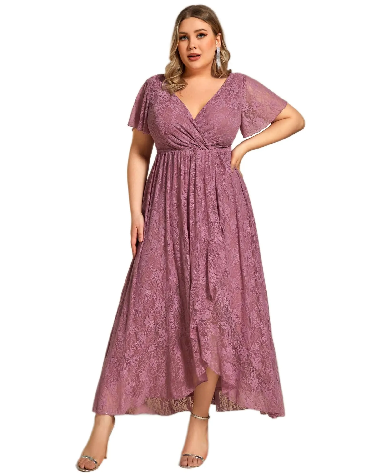Short Sleeve Ruffled V-Neck A-Line Lace Evening Dress | Purple Orchid