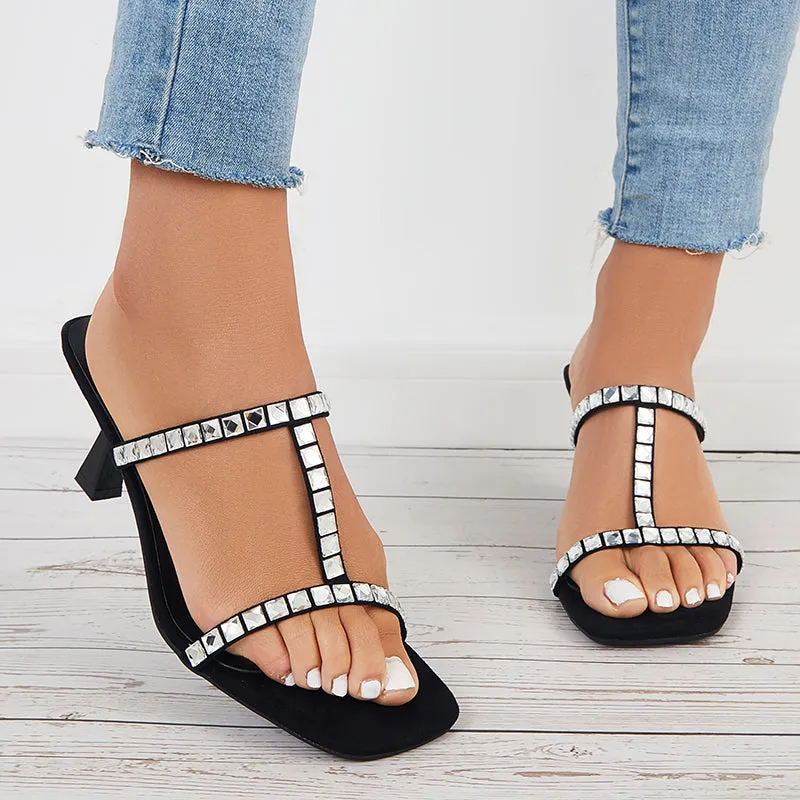 Sohiwoo  Women Rhinestone T-Strap Mule Heels Kitten Heel Slide Sandals