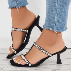 Sohiwoo  Women Rhinestone T-Strap Mule Heels Kitten Heel Slide Sandals