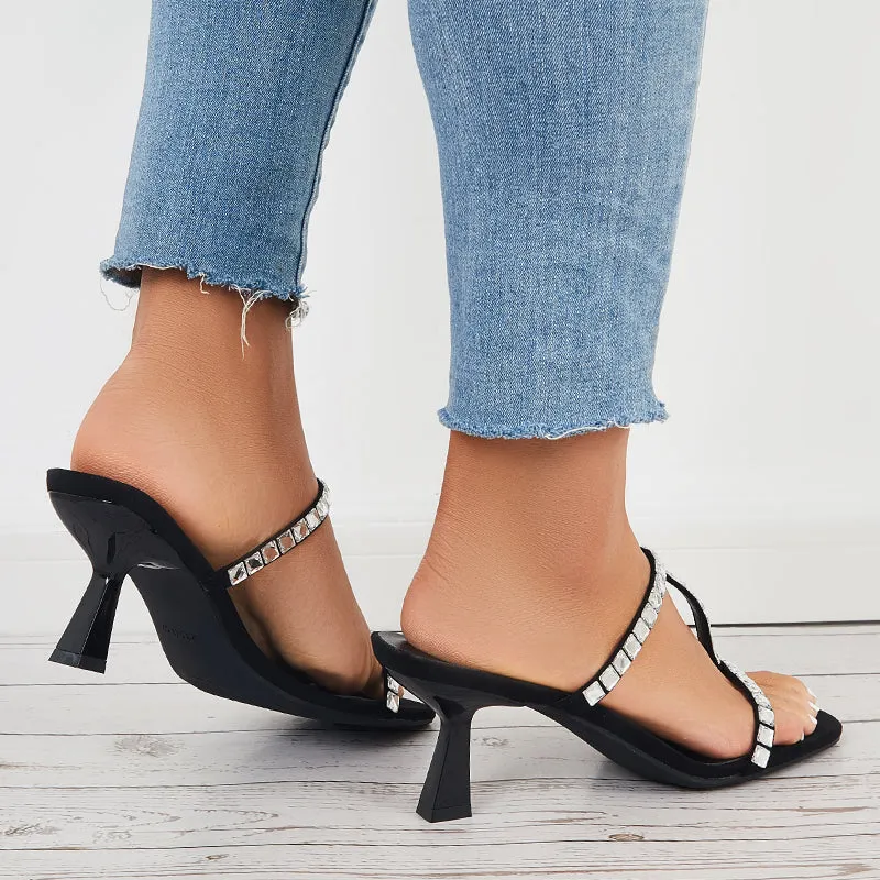 Sohiwoo  Women Rhinestone T-Strap Mule Heels Kitten Heel Slide Sandals