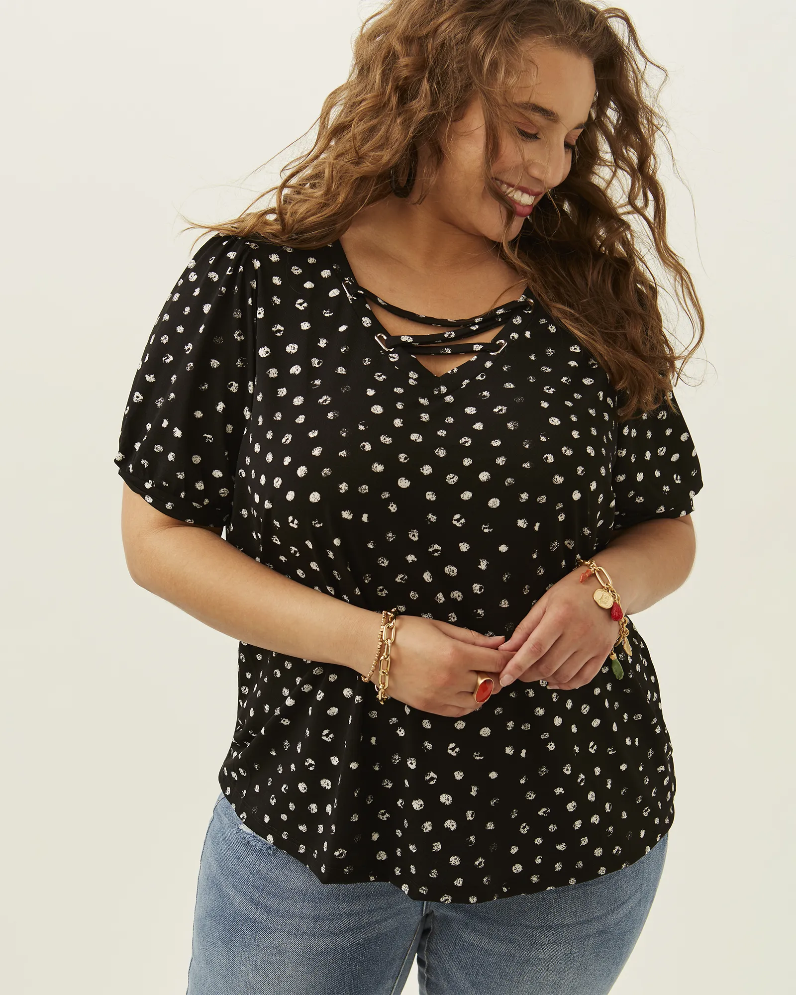 Sonya Lace Up Front Polka Dot Top | Black / White