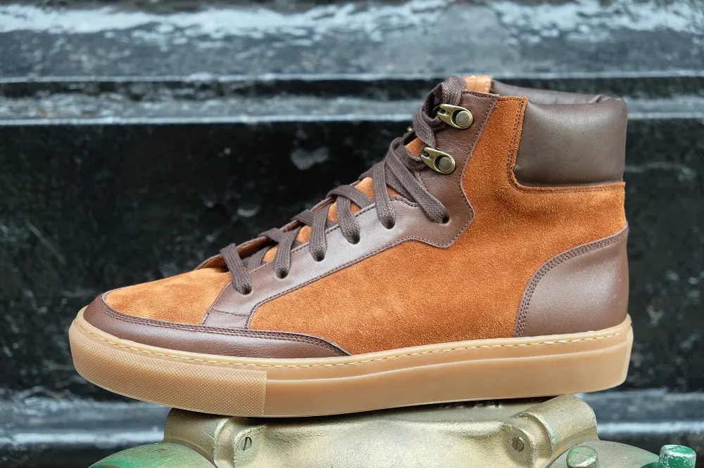 Tan Suede and Brown Leather Foxton Lace Up High Top Sneakers - Summer 2024 Collection
