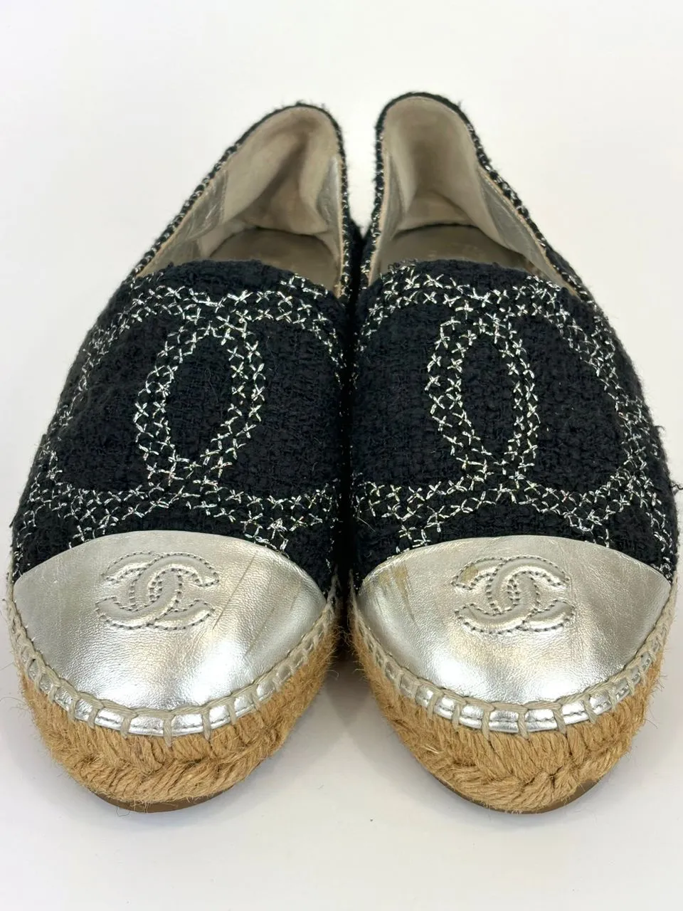 Tweed Cap Toe Espadrilles Silver CC Logo